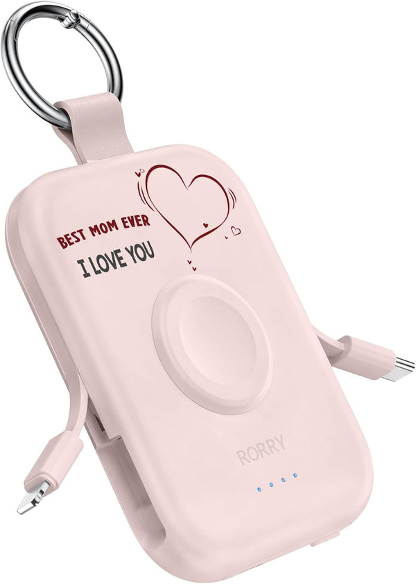 Portable Charger, 5000Mah Portable Charger Power Bank with Built-In Cables, Travel Keychain Battery Pack for Apple Watch Ultra/11/10/9/8/7/6/Se, Iphone Air/17/16/15/14/13/12, Mom-Pink