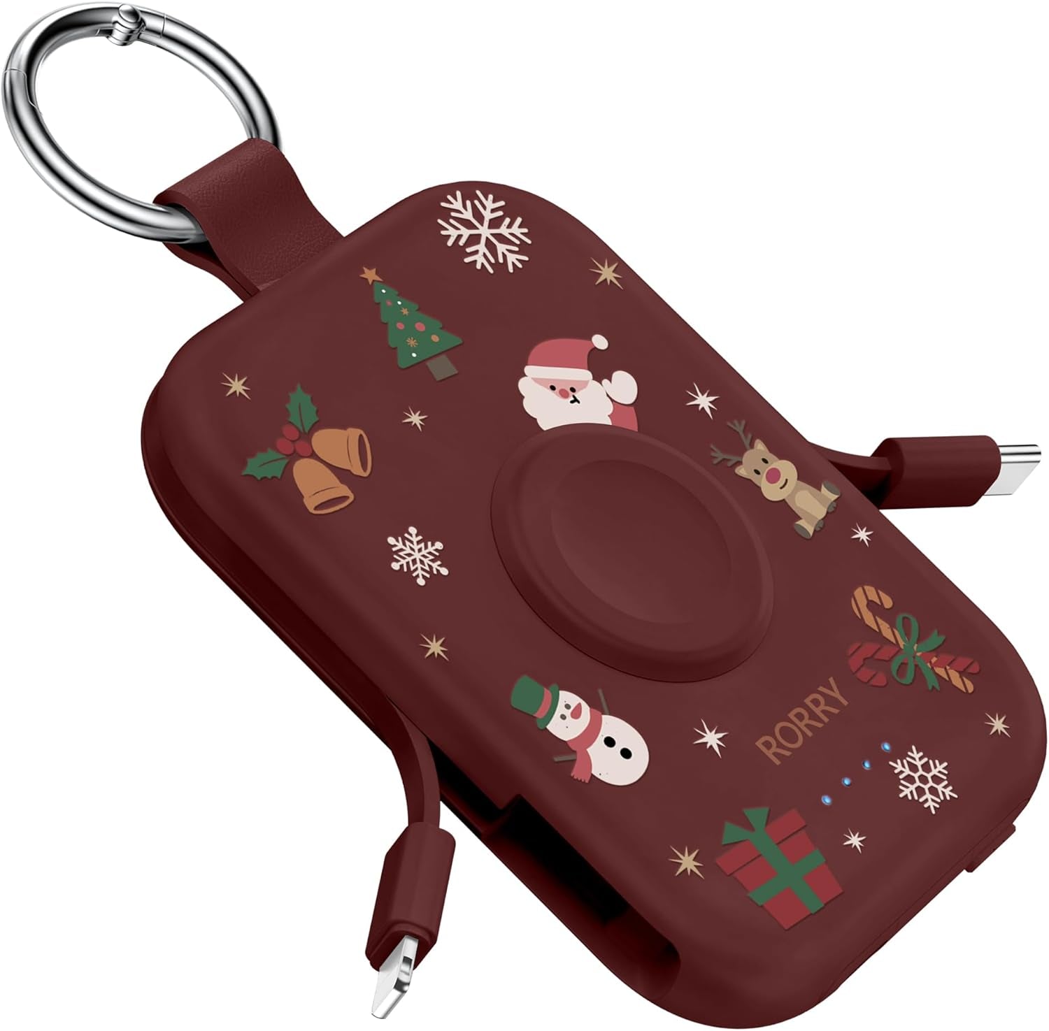 Portable Charger, 5000Mah Portable Charger Power Bank with Built-In Cables, Travel Keychain Battery Pack for Apple Watch Ultra/11/10/9/8/7/6/Se, Iphone Air/17/16/15/14/13/12, Christmas Red