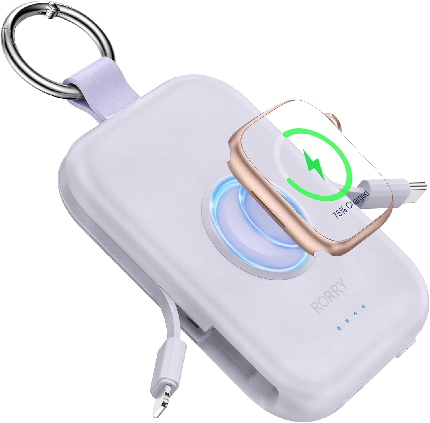 Portable Charger, 5000Mah Portable Charger Power Bank with Built-In Cables, Travel Keychain Battery Pack for Apple Watch Ultra/11/10/9/8/7/6/Se, Iphone Air/17/16/15/14/13/12, Purple