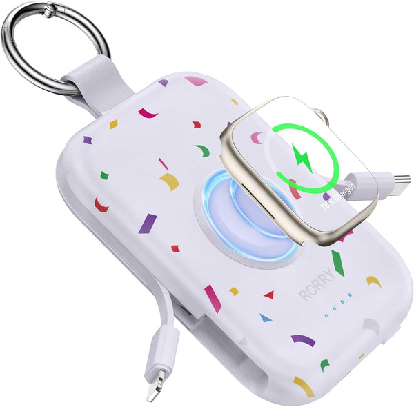 Portable Charger, 5000Mah Portable Charger Power Bank with Built-In Cables, Travel Keychain Battery Pack for Apple Watch Ultra/11/10/9/8/7/6/Se, Iphone Air/17/16/15/14/13/12, Confetti-Purple