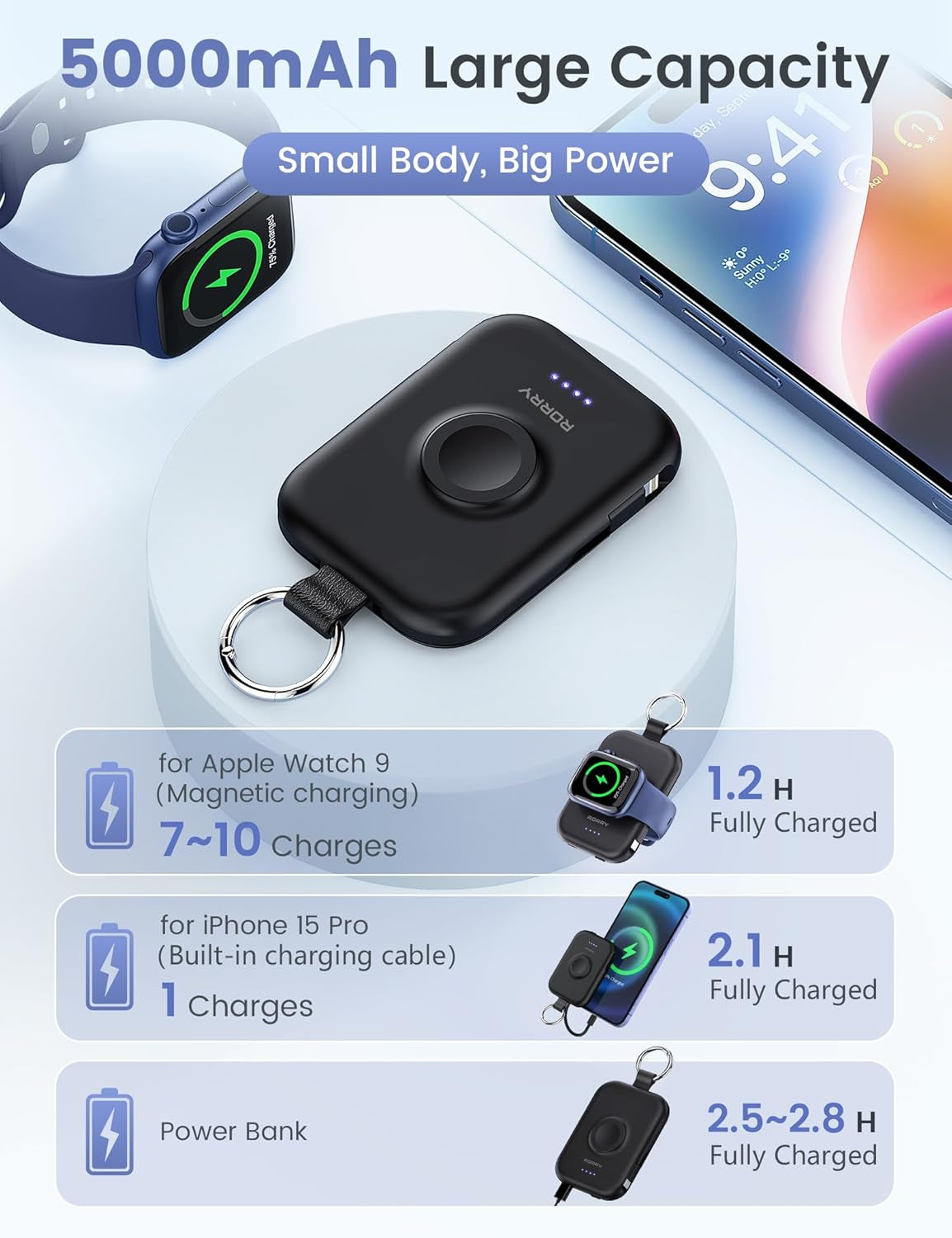 Portable Charger, 5000Mah Portable Charger Power Bank with Built-In Cables, Travel Keychain Battery Pack for Apple Watch Ultra/11/10/9/8/7/6/Se, Iphone Air/17/16/15/14/13/12, Black