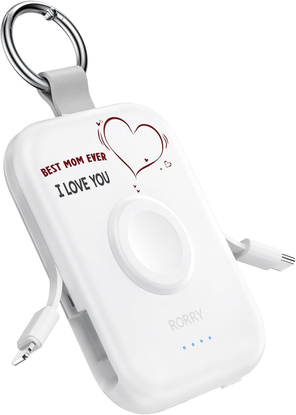 Portable Charger, 5000Mah Portable Charger Power Bank with Built-In Cables, Travel Keychain Battery Pack for Apple Watch Ultra/11/10/9/8/7/6/Se, Iphone Air/17/16/15/14/13/12, Mom-White