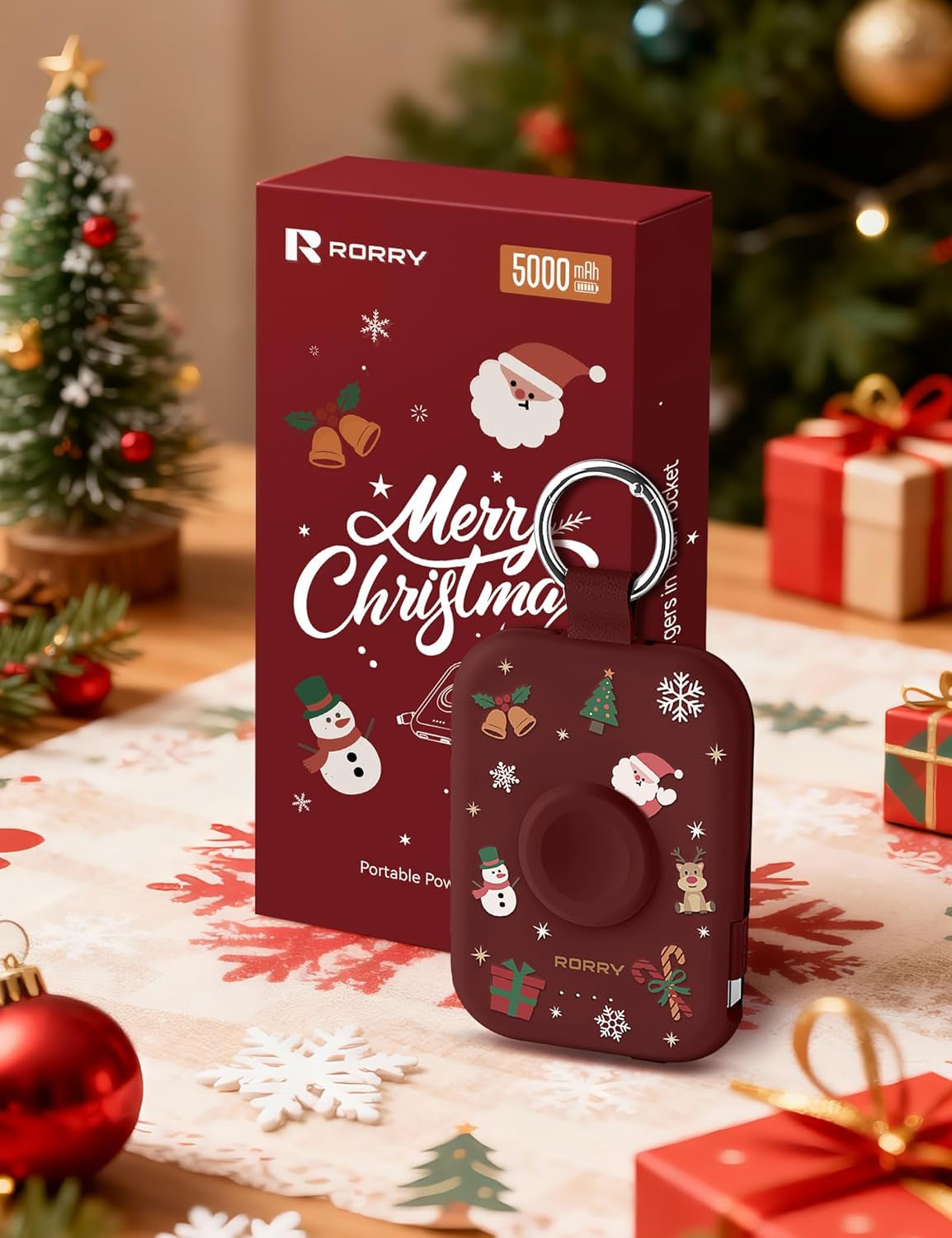 Portable Charger, 5000Mah Portable Charger Power Bank with Built-In Cables, Travel Keychain Battery Pack for Apple Watch Ultra/11/10/9/8/7/6/Se, Iphone Air/17/16/15/14/13/12, Christmas Red