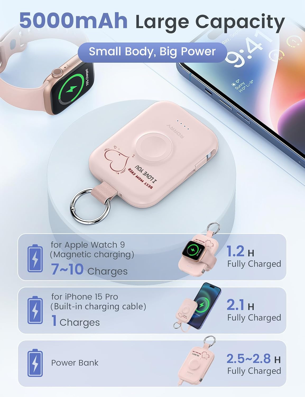 Portable Charger, 5000Mah Portable Charger Power Bank with Built-In Cables, Travel Keychain Battery Pack for Apple Watch Ultra/11/10/9/8/7/6/Se, Iphone Air/17/16/15/14/13/12, Mom-Pink