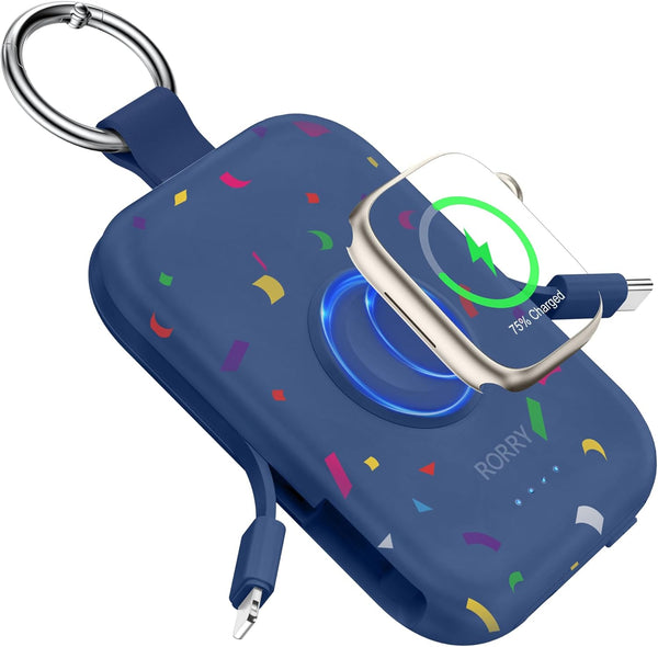 Portable Charger, 5000Mah Portable Charger Power Bank with Built-In Cables, Travel Keychain Battery Pack for Apple Watch Ultra/11/10/9/8/7/6/Se, Iphone Air/17/16/15/14/13/12, Confetti-Deepblue